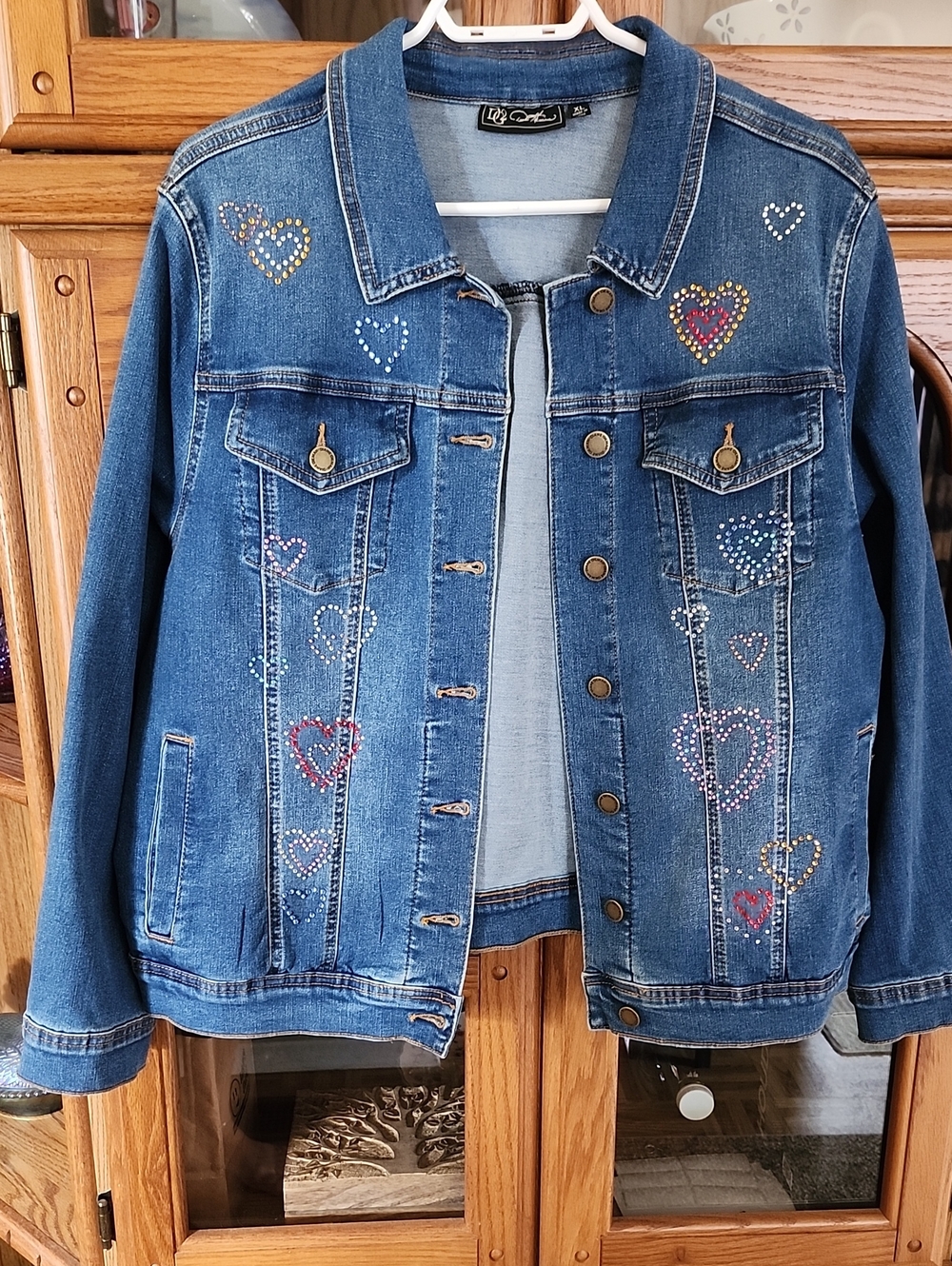 DG2 by Diane Gilman Blue Denim Jacket with Multicolor Heart Studs